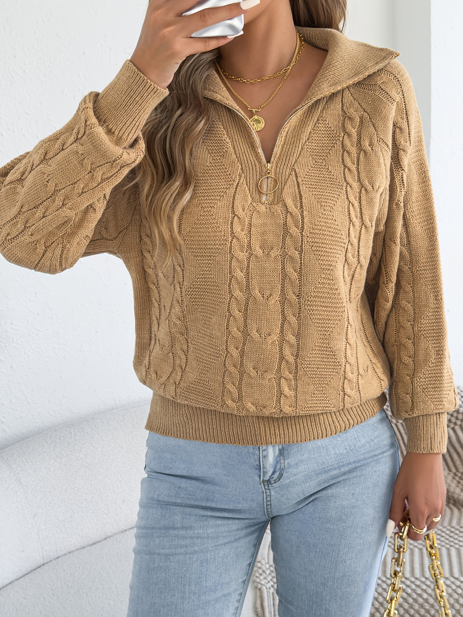 Autumn and Winter Leisure Vacation Pullover Sweater Solid Color Zipper Lapel Women's Sweater - Khaki