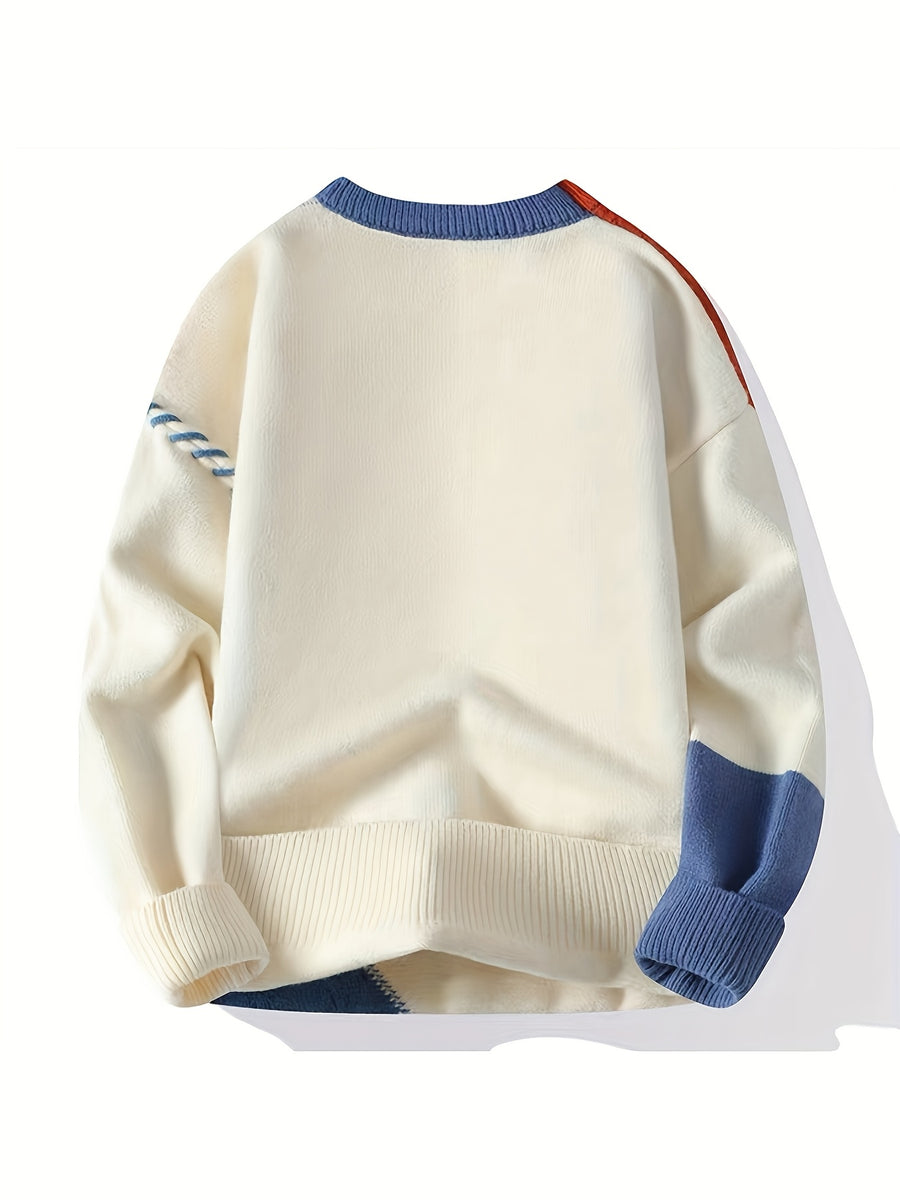 Men's Color-Block Crewneck Sweater, Regular Fit Warm Knitwear for Autumn/Winter, Casual Base Layer for Teens, Fashionable - Apricot