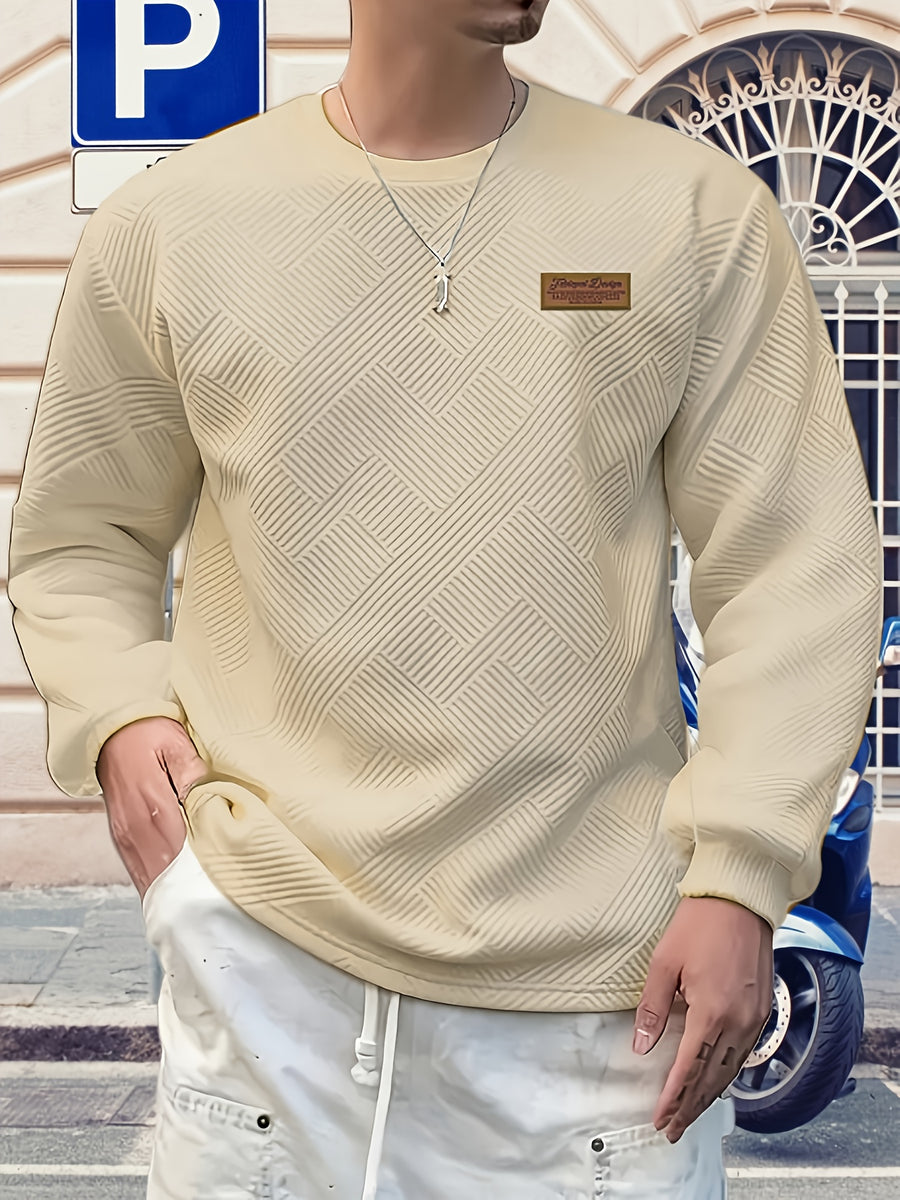 Men's Gift, Men's Fashion Heavyweight Jacquard Crew Neck Long Sleeve Sweatshirt, Casual and Comfortable Top for Spring and Autumn, Daily Outings - Apricot