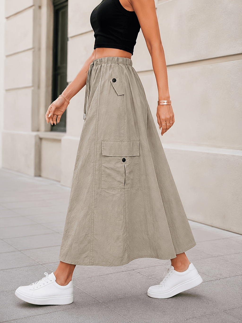 Summer Cargo Half Skirt Women'S Elastic Waist Loose Casual Multi-Pocket Versatile Women'S Long Skirt Quick-Dry Machine Washable A-Line Skirt - Khaki