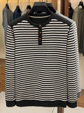 Men's Multi-Color Horizontal Stripe Half-Button Long Sleeve T-Shirt, Henry Collar Design, Comfortable and Soft Knitted Fabric, Business Commute Inner Wear, Middle-Aged Men's Autumn Casual Top - Black