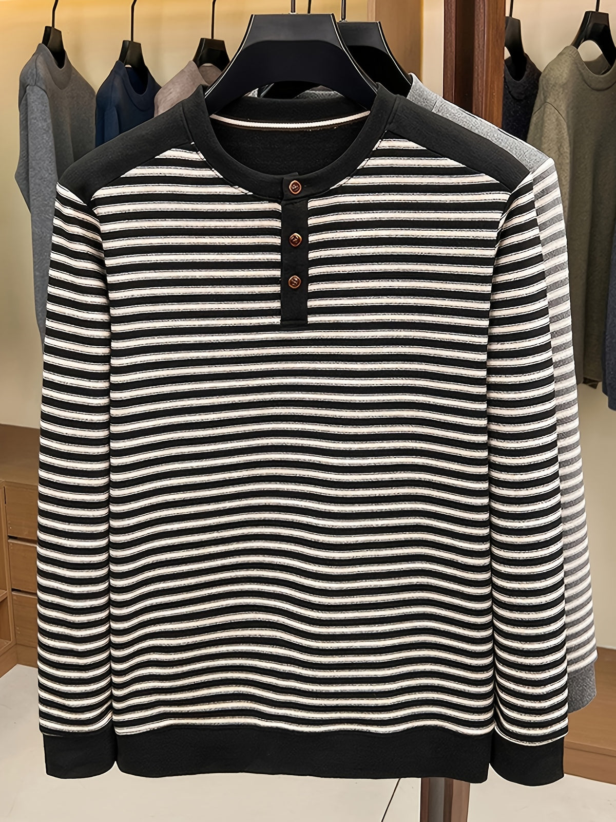 Men's Multi-Color Horizontal Stripe Half-Button Long Sleeve T-Shirt, Henry Collar Design, Comfortable and Soft Knitted Fabric, Business Commute Inner Wear, Middle-Aged Men's Autumn Casual Top - Black