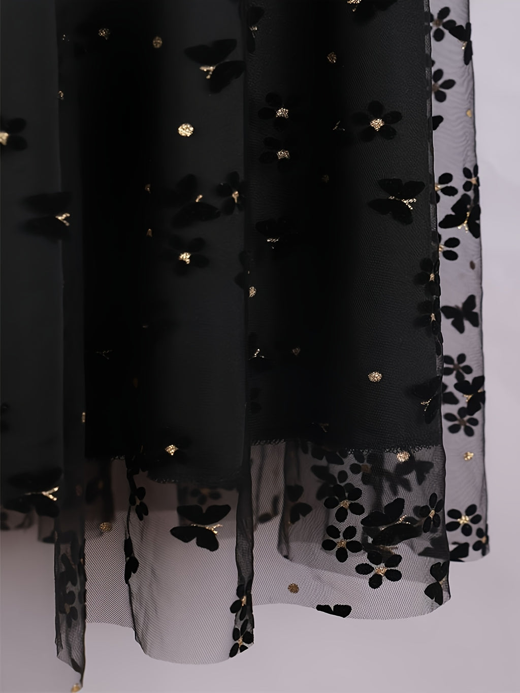 Women'S Elegant Butterfly Floral Print, Sequined Decorative Mesh Long Skirt, Suitable for Spring, Summer, And Autumn, Fashionable And Versatile, Hand Wash Solely - Black