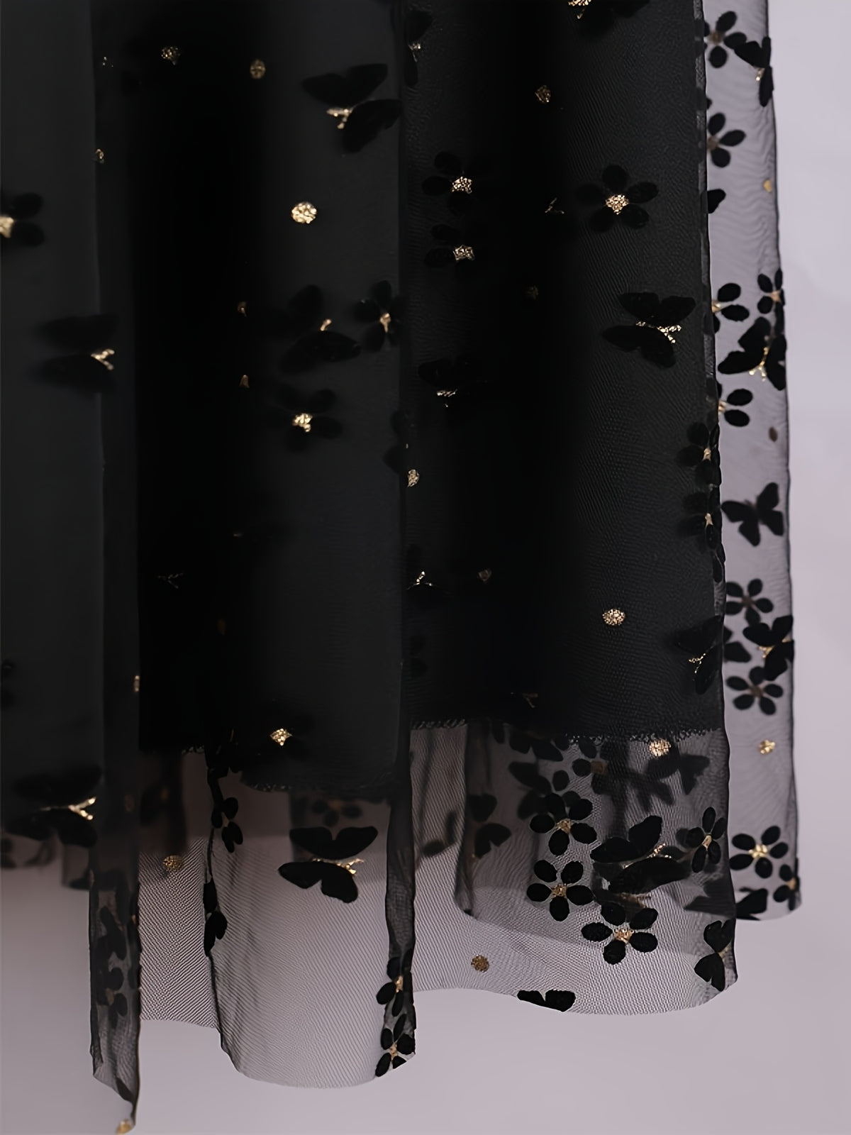Women'S Elegant Butterfly Floral Print, Sequined Decorative Mesh Long Skirt, Suitable for Spring, Summer, And Autumn, Fashionable And Versatile, Hand Wash Solely - Black