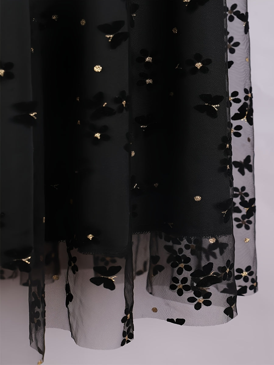 Women'S Elegant Butterfly Floral Print, Sequined Decorative Mesh Long Skirt, Suitable for Spring, Summer, And Autumn, Fashionable And Versatile, Hand Wash Solely - Black