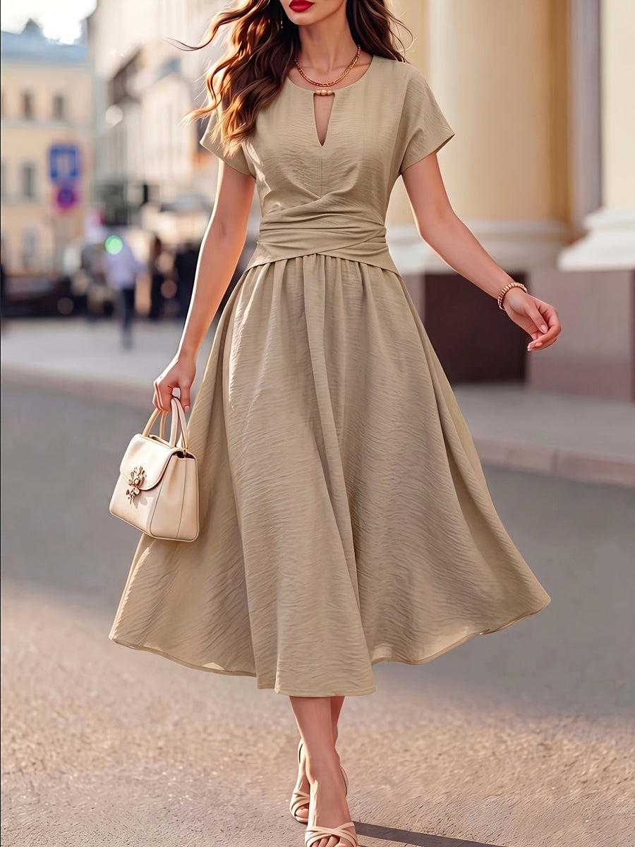 New Summer Women's Khaki V-Neck Waist-Cinching Midi Dress, French-Style Vintage Elegant Romantic Versatile Casual Dress, Short Sleeve Design, Made with Breathable Fabric, Suitable for Dating, Commuting, Vacations, Parties, Office, Back-to - Khaki