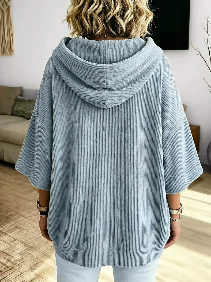 Plus Size, Women's Plus Size Corduroy Casual Drawstring Hooded Sweatshirt Top, Classic Versatile Hooded Top Elegant Women's Jacket, Loose Fit Comfortable Sweatshirt Jacket, Suitable for Commuting and Casual Wear - Light Blue