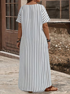 Plus Size, Plus Size Women's Striped Print Batwing Short Sleeve Round Neck Maxi Dress with Pockets, Casual Loose Spring Summer Style - Mixed colors
