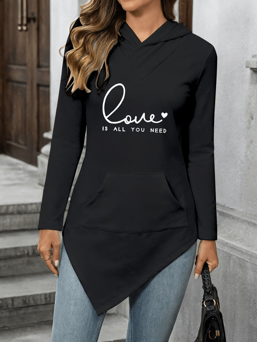 Letter Print Women'S Cross-Collar Hooded Top Long Sleeve Asymmetrical Slanted Hem Kangaroo Pocket Casual T-Shirt - Black