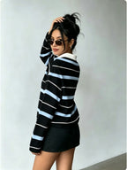 [Printed Design – Not Textured] Women's New Long-Sleeve Fashionable and Versatile Polo Shirt, American Vintage Striped Style in Black, Light Blue, and White Contrasting Horizontal Stripes with White Collar and Printed Long Sleeves. A Flattering - Multicolor
