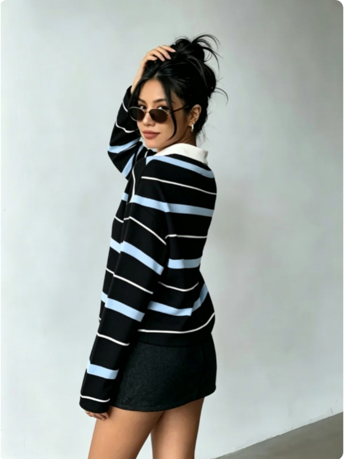 [Printed Design – Not Textured] Women's New Long-Sleeve Fashionable and Versatile Polo Shirt, American Vintage Striped Style in Black, Light Blue, and White Contrasting Horizontal Stripes with White Collar and Printed Long Sleeves. A Flattering - Multicolor