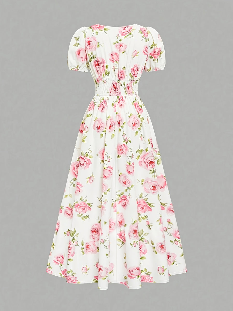 Women'S Elegant Romantic Pink Rose Puff Sleeve Long Dress Suitable for Vacation Travel Dates Afternoon Tea Wedding Parties - Pink