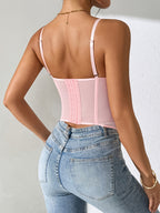 Sexy Lace Fitted Vest Top - Bodycon Cut, V-Neck, Sleeveless, Solid Color, with Exquisite Lace Detail, Suitable for Fashion Style, Lace Top - Light Pink Color