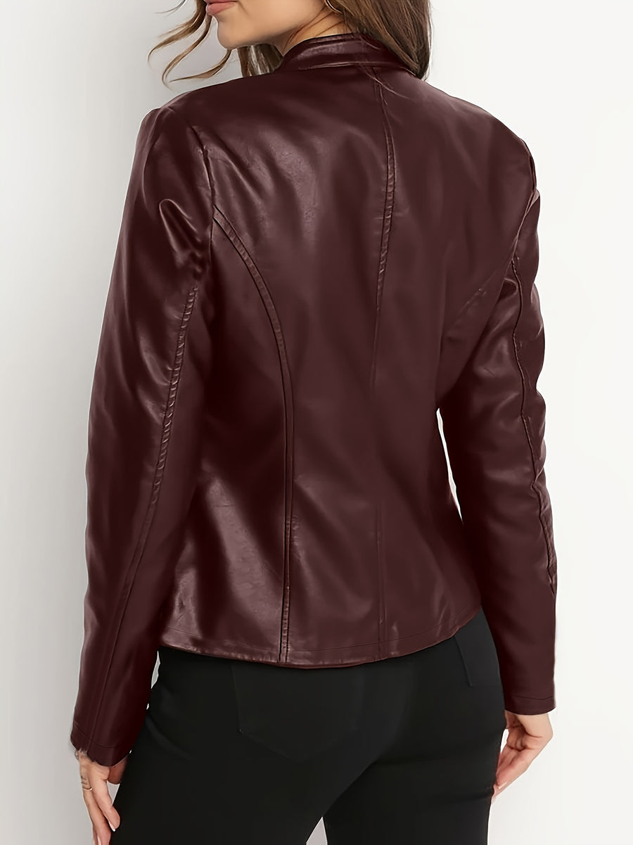 Women's Elegant PU Jacket - 2025 New Style Women's Jacket Outerwear - Full Zip Long Sleeve Motorcycle Biker Jacket for Women, Spring, Autumn, Winter Outerwear, Suitable for Casual and Formal Wear, Durable, Structured Fit, Stand Collar - Burgundy