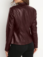 Women's Elegant PU Jacket - 2025 New Style Women's Jacket Outerwear - Full Zip Long Sleeve Motorcycle Biker Jacket for Women, Spring, Autumn, Winter Outerwear, Suitable for Casual and Formal Wear, Durable, Structured Fit, Stand Collar - Burgundy