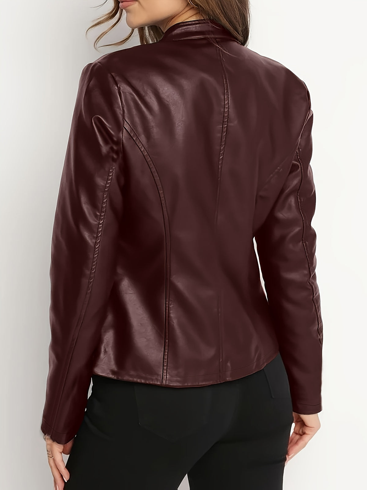 Women's Elegant PU Jacket - 2025 New Style Women's Jacket Outerwear - Full Zip Long Sleeve Motorcycle Biker Jacket for Women, Spring, Autumn, Winter Outerwear, Suitable for Casual and Formal Wear, Durable, Structured Fit, Stand Collar - Burgundy