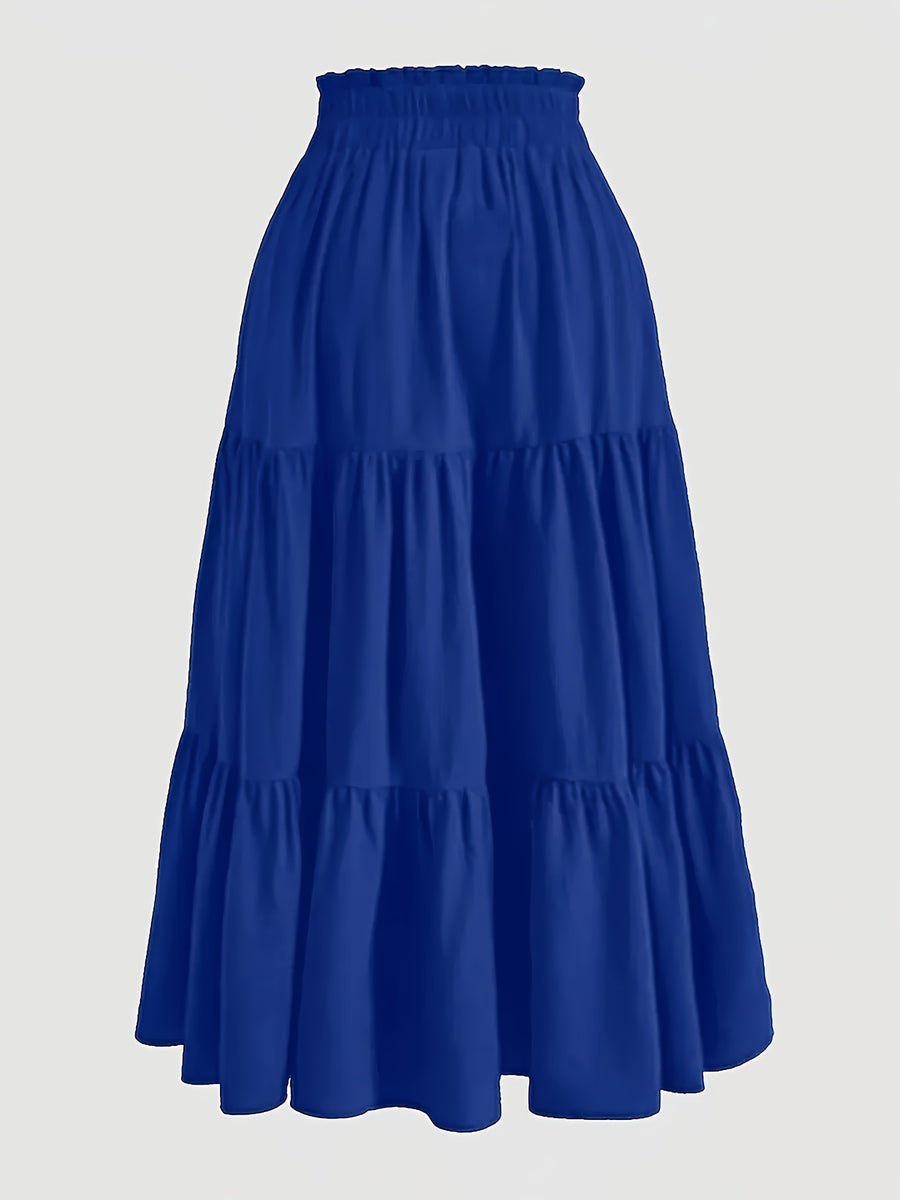 Women's Olive Green Pleated Midi Skirt - Lightweight Adjustable Drawstring Waist, Hand Washable Spring/Summer Elegant Solid Color Skirt for Casual & Formal Outfits, Casual Attire, Nontransparent Fabric, Spring Fashion, Classic Style, Breathable Material - Navy Color