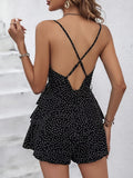 Holiday Polka Dot Print Ruffle Suspender Jumpsuit - Black