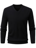 Autumn/Winter New V-Neck Solid Color Pullover Casual Versatile Knit Top for Men - Black