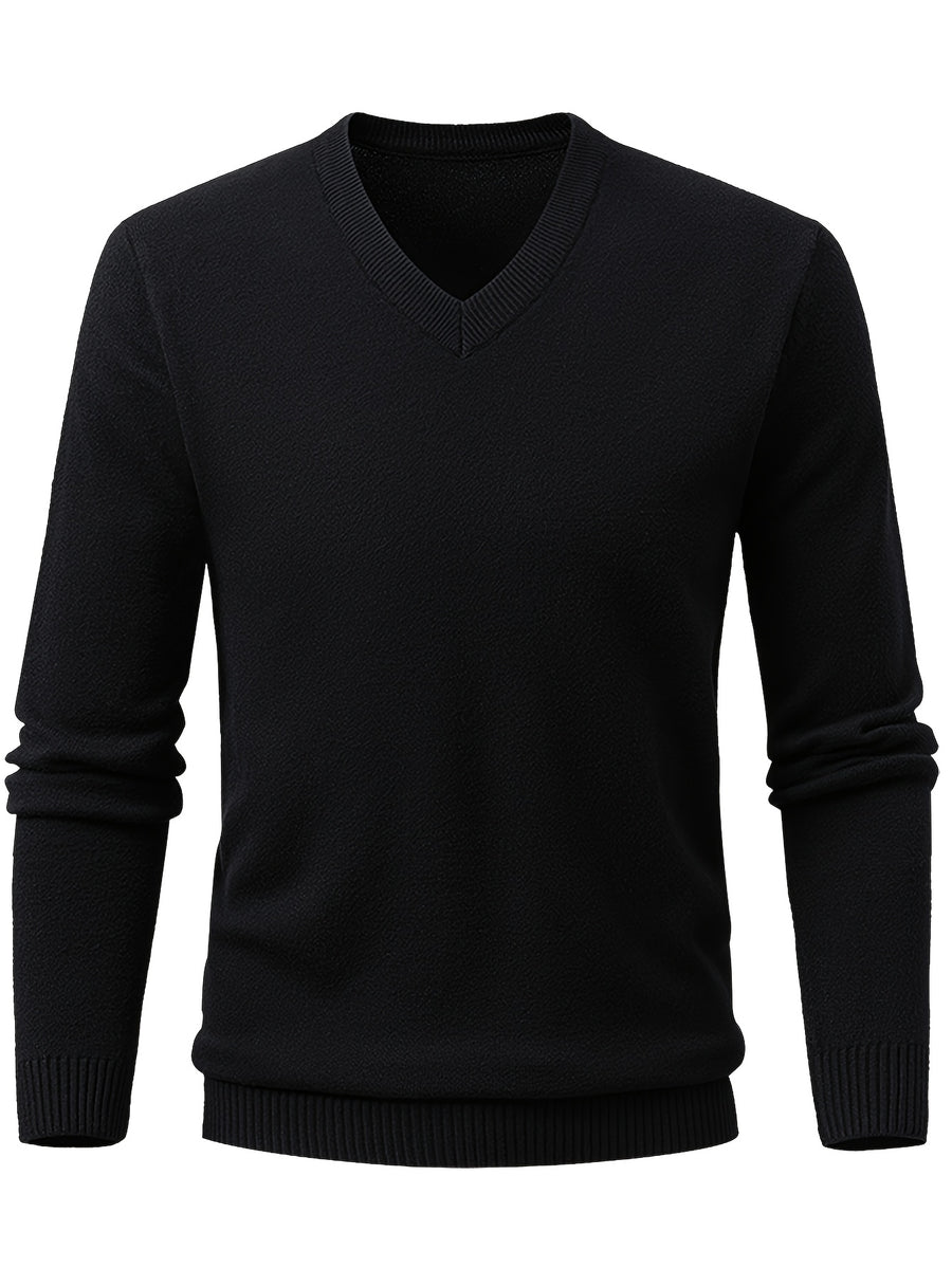 Autumn/Winter New V-Neck Solid Color Pullover Casual Versatile Knit Top for Men - Black