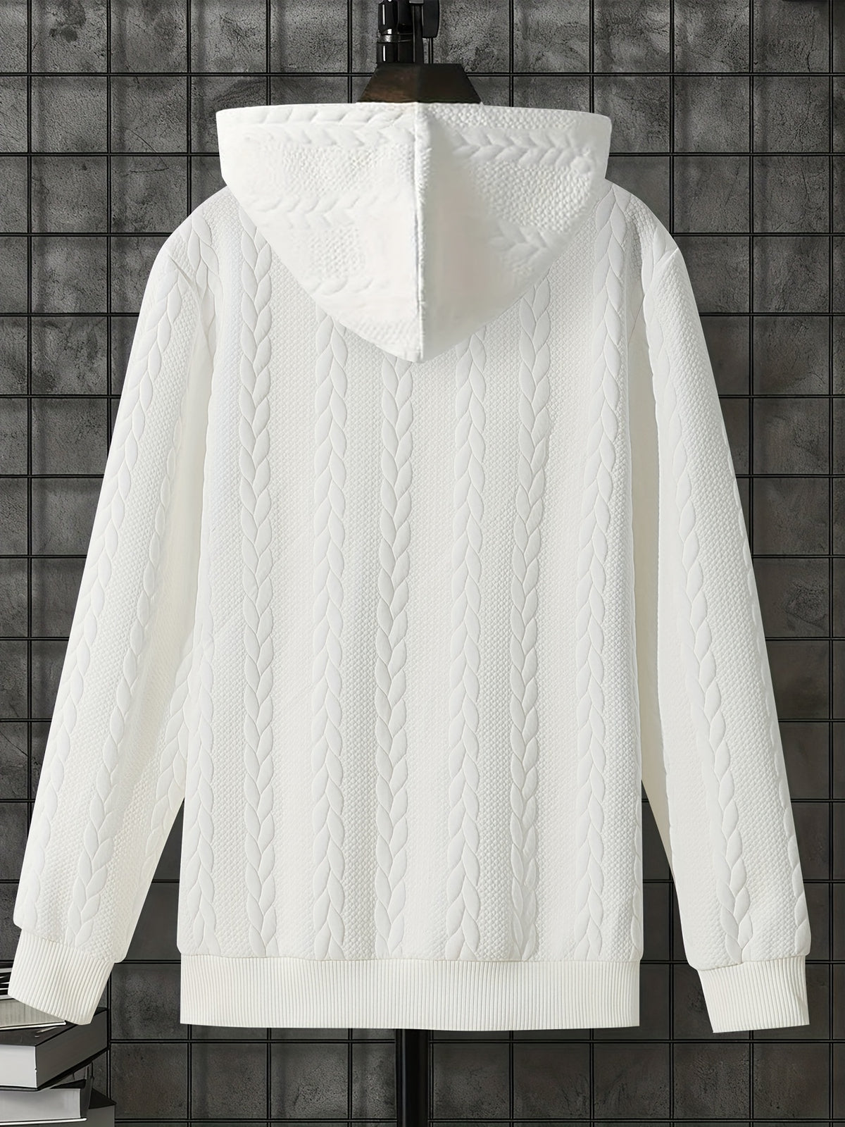 1pc Men'S Casual Knit Thick Hooded Shirt | Premium Soft Texture Skin-Friendly Fabric | Full Zipper Closure Design | Ribbed Cuff Design | Geometric Pattern Jacquard Texture | Loose Comfortable Fit | Soft Skin-Friendly Comfortable Warm | Indoor Office - White
