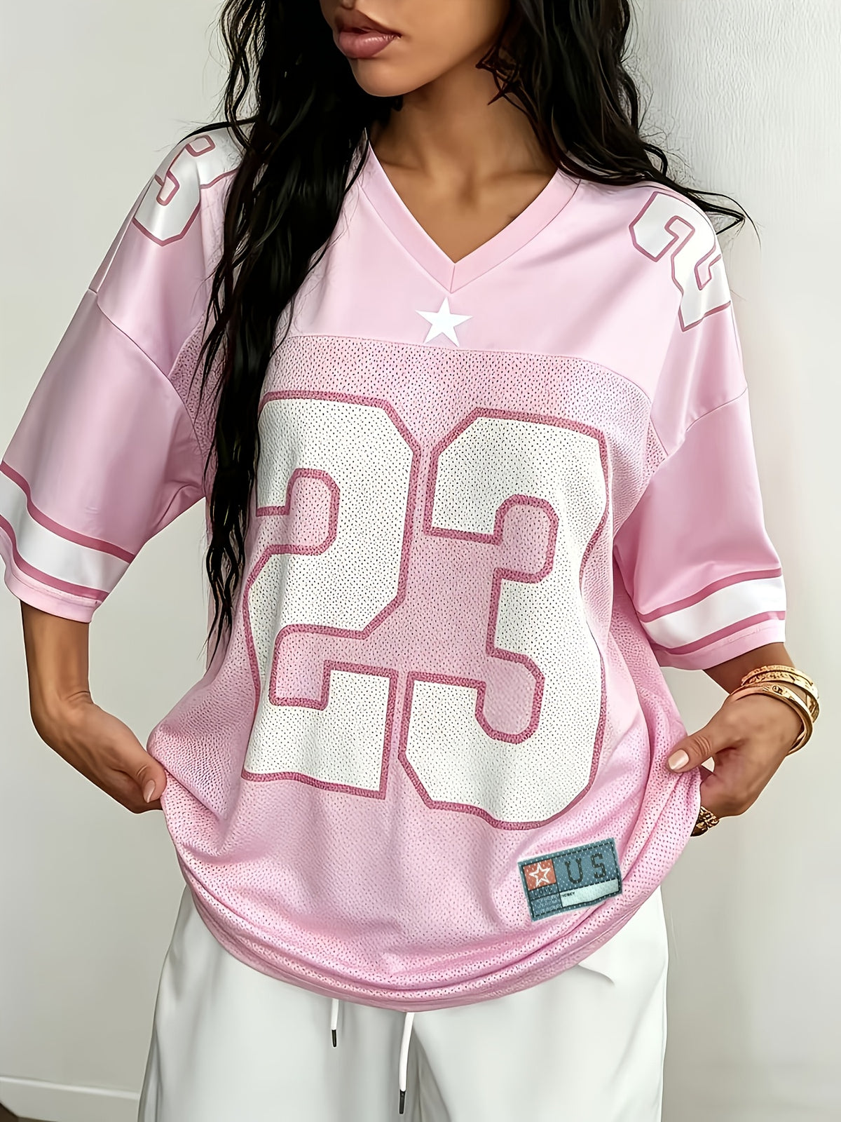 Women'S Number Print Short Sleeve Ladies' Athletic Jersey V-Neck Short Sleeve T-Shirt Breathable - Pink Color