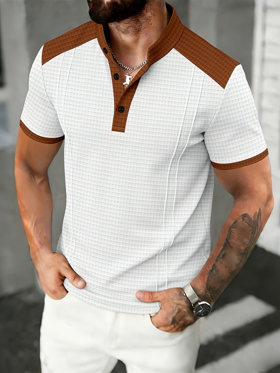 Men'S Short-Sleeve Plaid Knit Henley Shirt with Contrasting Brown Trim, Featuring a Stand Collar Design, Casual Button-Up Front, Breathable Vintage Street Style Clothing - White