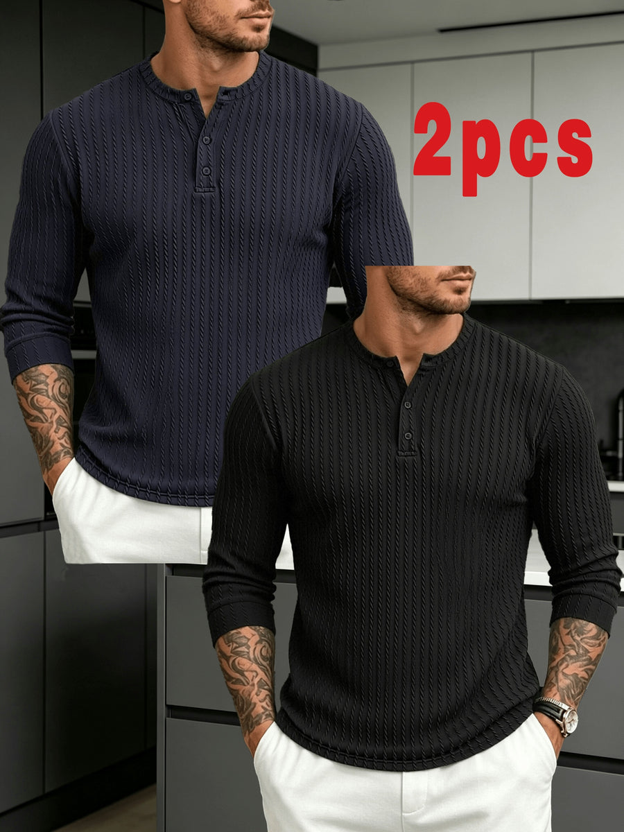 Halloween Thanksgiving Black Friday Cyber Monday Christmas Ultra V 2pcs Men'S Vertical Texture Henley Long Sleeve T-Shirts, High-Elastic Jacquard Fabric Slimming And Slimming, Semi-Open Button Collar Easy And Atmospheric - Kurozo