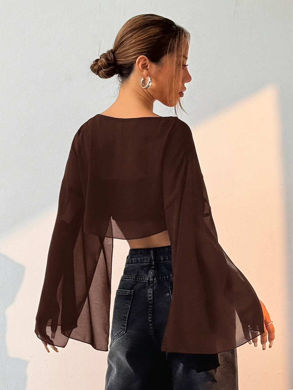 Women'S Solid Color Round Neck Batwing Sleeve Loose Short Shirt, Spring Summer Beach Cover-Up Top - Brown