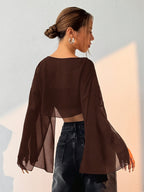Women'S Solid Color Round Neck Batwing Sleeve Loose Short Shirt, Spring Summer Beach Cover-Up Top - Brown