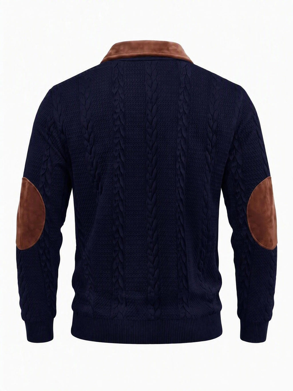 New Men's Autumn/Winter Brushed Ribbed Cable Knit Casual Color-Block Jacquard Long Sleeve Patchwork Plush Sport Henley High-Neck Top - Navy Color