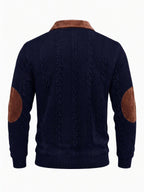 New Men's Autumn/Winter Brushed Ribbed Cable Knit Casual Color-Block Jacquard Long Sleeve Patchwork Plush Sport Henley High-Neck Top - Navy Color
