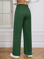 Women's Elegant Straight-leg Trousers with Tree Grain Wrinkle-texture Micro-stretch Fabric, Featuring a Comfortable Elastic Waistband with Drawstring Detail and Side Slant Pockets. Suitable for All Seasons - Green