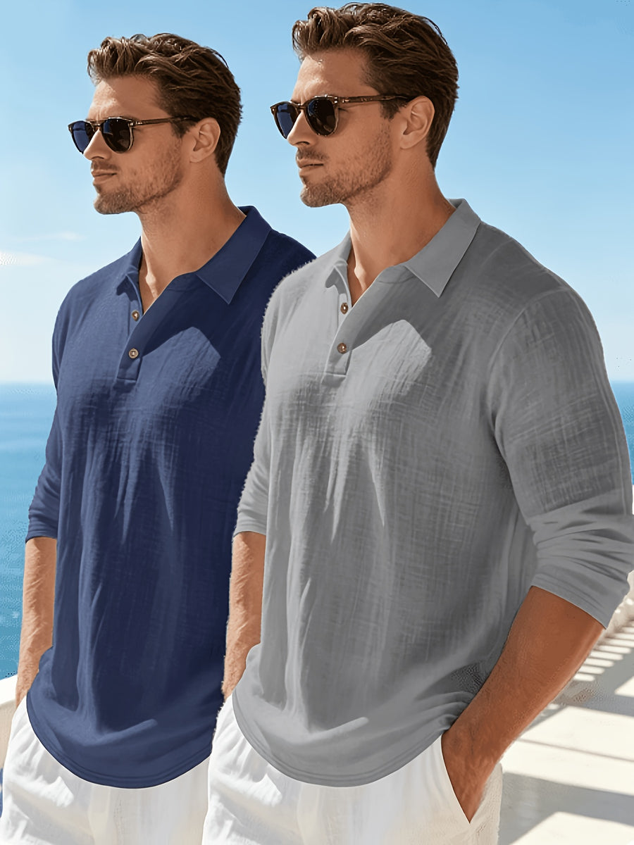 Men'S Textured Collar Button Polo Shirt, Regular Breathable Casual Outdoor Sports Versatile Top, 2pcs Set - Navy Blue+Light Grey