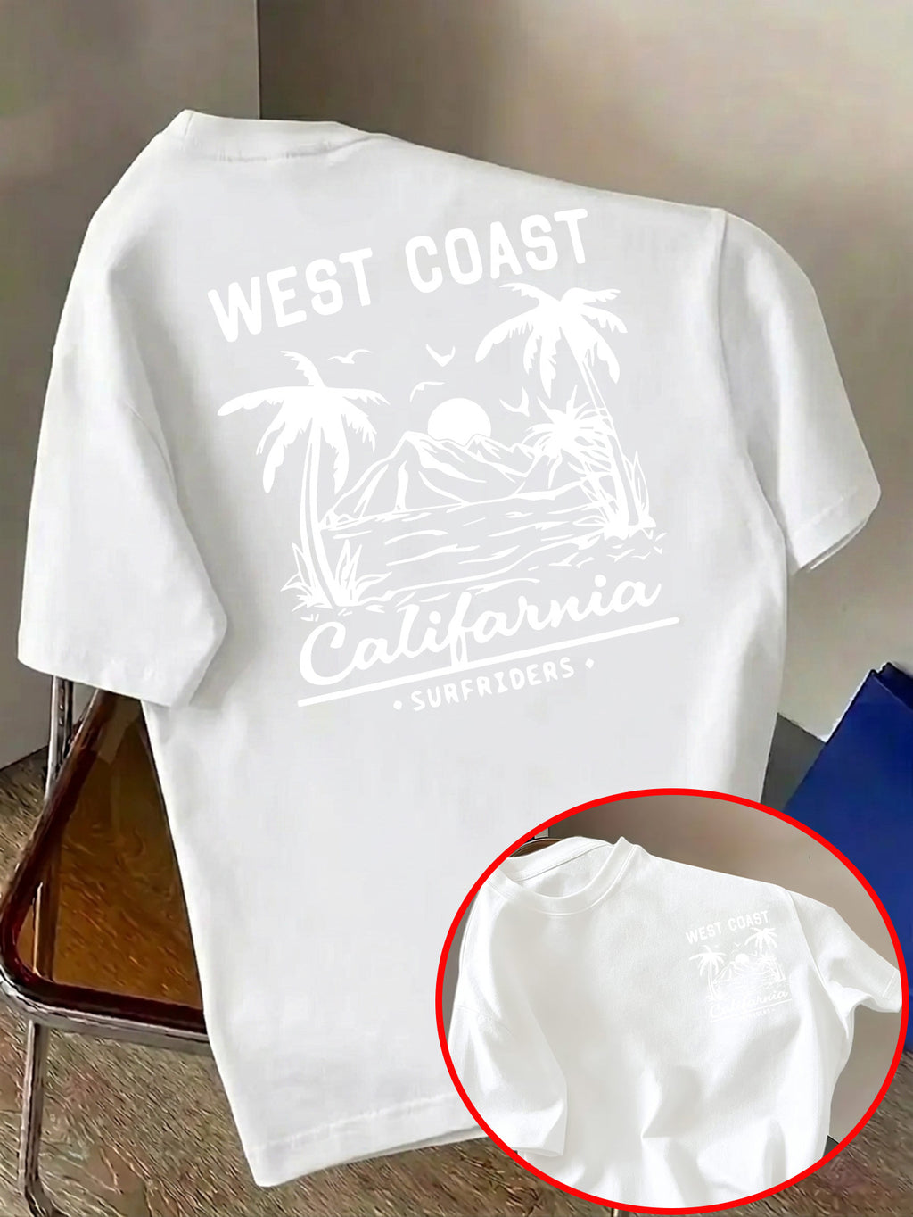 Men'S Casual T-Shirt, Fashionable Round Neck Short Sleeve, WEST COAST California Beach Surfing Pattern, All-Season Versatile, Durable Print Machine Washable Non-Fading, Commute, Streetwear, Campus, Couple Wear - White