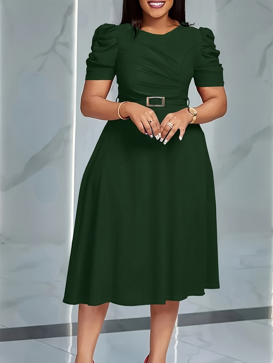 Women'S Elegant V-Neck Ruched Midi Dress, Solid Color Short Sleeve, Waist-Cinching Belt, Flowing Skirt, Perfect Spring Summer Outfit, Adult Fashion, Comfortable Daily Elegant Waist-Cinching Dress, Ruched Detail - Dark Green