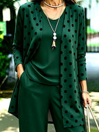 Plus Size, Plus-size Women's Casual 3pcs Set: A Casual and Comfortable Solid-color Vest, a Polka-dot Print Long-sleeve Cardigan, and Loose-fitting Casual Trousers, Stylish Leisurewear - Dark Green