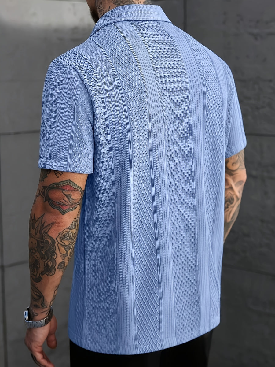 Men'S Solid Color Knitted Short Sleeve Shirt - Light Blue