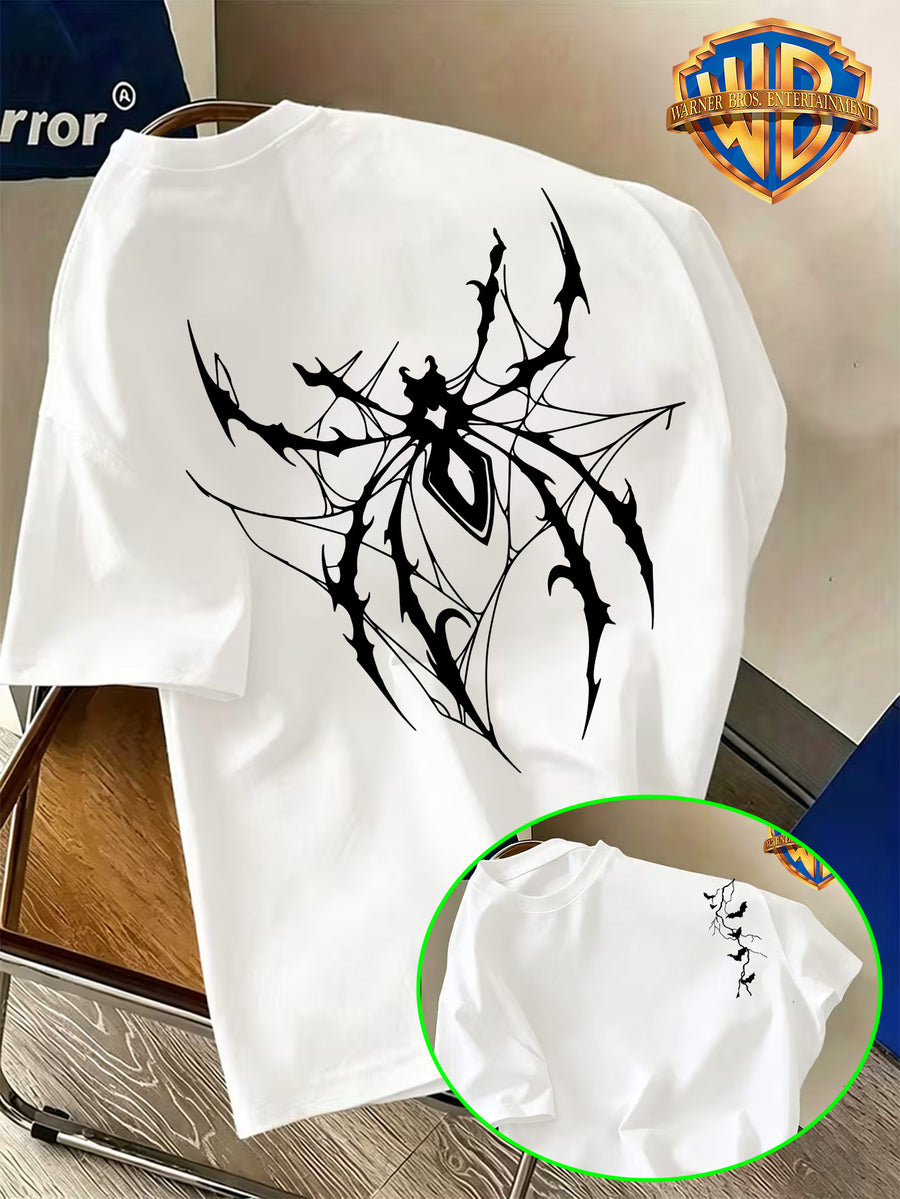 Warner Bros. Authentic Niche Non-Repeating Short-Sleeve Top with Dark Thorn Spider LOGO Print, Suitable for Various Summer Styling, Perfect - White