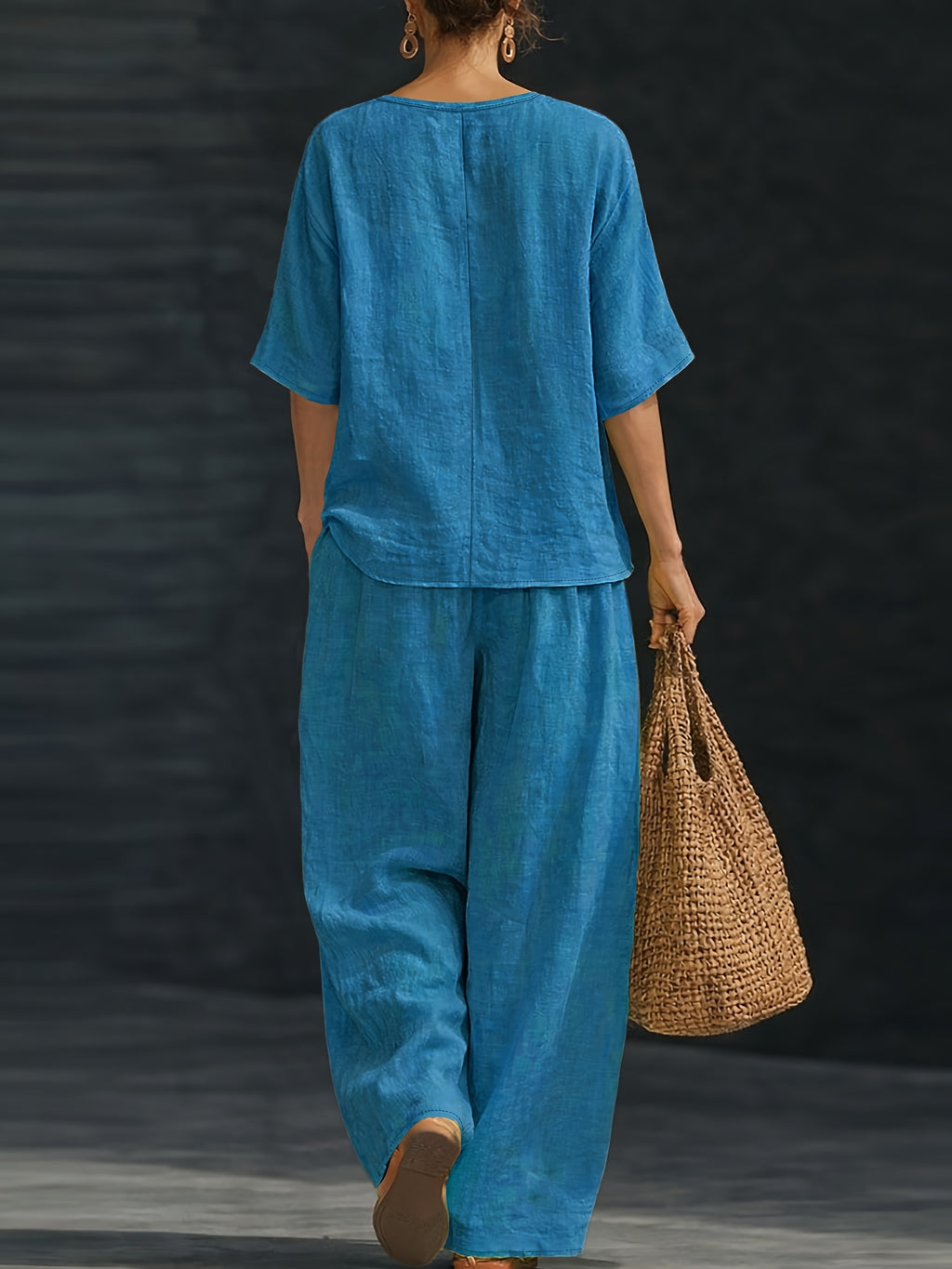 Women's Summer Casual 2pcs Set: Loose V-Neck Top + Wide-Leg Pants - Blue