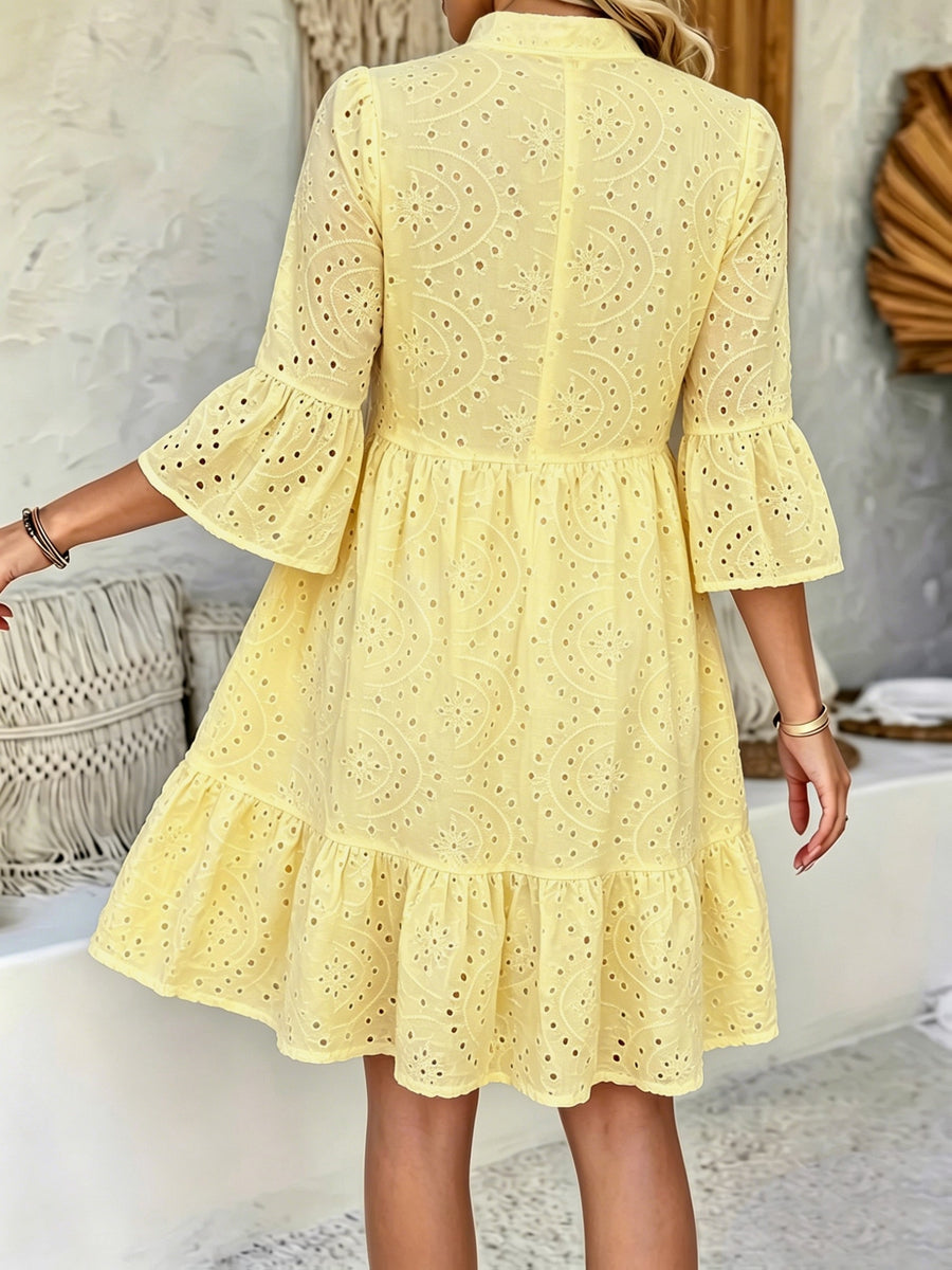 Women's White Hollow Embroidered Notch Collar Multi-Layer Split A-Hem Dress for Spring - 【Light Yellow】