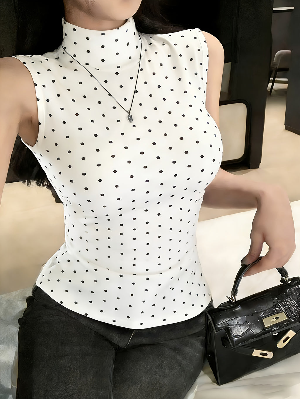 Single Piece Fashion Polka Dot Sleeveless High-Neck Vest, Comfortable And Soft, Suitable for Spring And Summer Festive Wear, Easy Casual Versatile Daily Commute Outfit - White