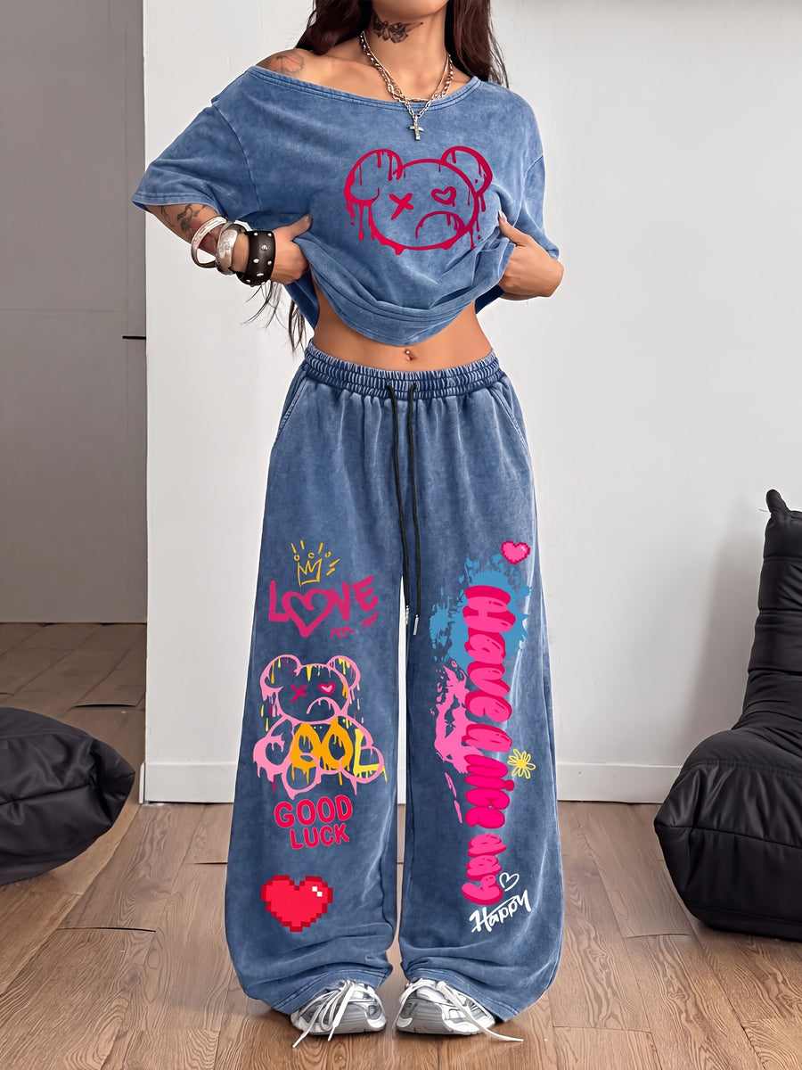 Women's 2pcs Set - Vintage Washed Off-the-Shoulder Short Sleeve Top + Elastic Waist Wide-Leg Joggers Set, Graffiti Bear Print Y2K Casual Street Style Women's Loungewear Sportswear Set - Navy Color
