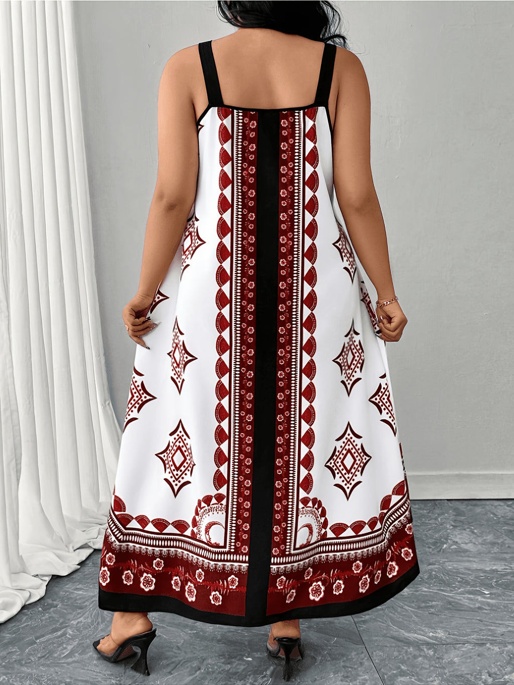 Plus Size, Plus-size Women's Bohemian Print Maxi Dress, Sleeveless Spaghetti Strap A-Line Dress, Geometric Pattern, Casual Loose and Flowy Summer Beach Dress, Irregular Hem Design, Blue and White Ethnic Print Maxi Dress - Brick Red