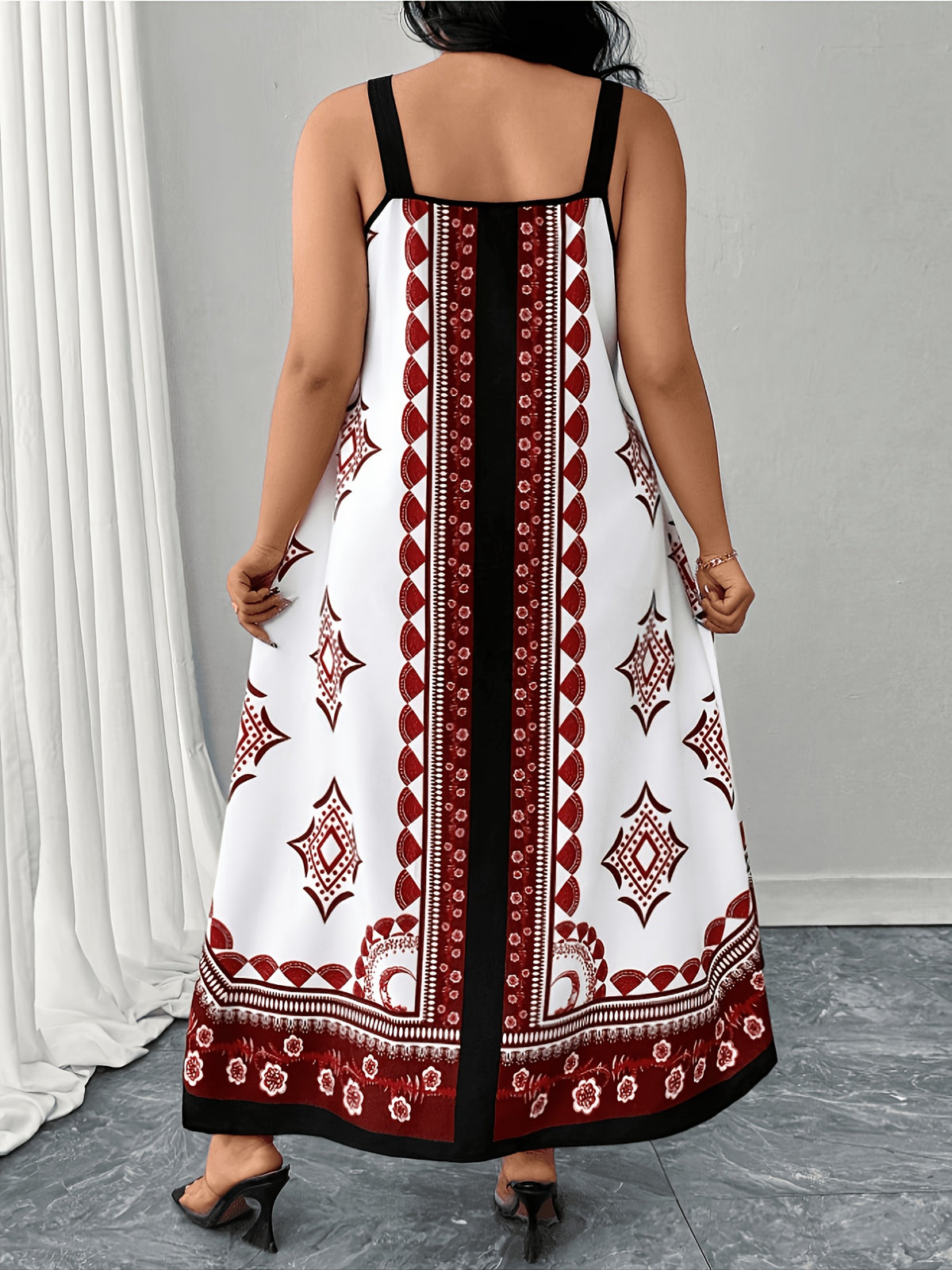 Plus Size, Plus-size Women's Bohemian Print Maxi Dress, Sleeveless Spaghetti Strap A-Line Dress, Geometric Pattern, Casual Loose and Flowy Summer Beach Dress, Irregular Hem Design, Blue and White Ethnic Print Maxi Dress - Brick Red