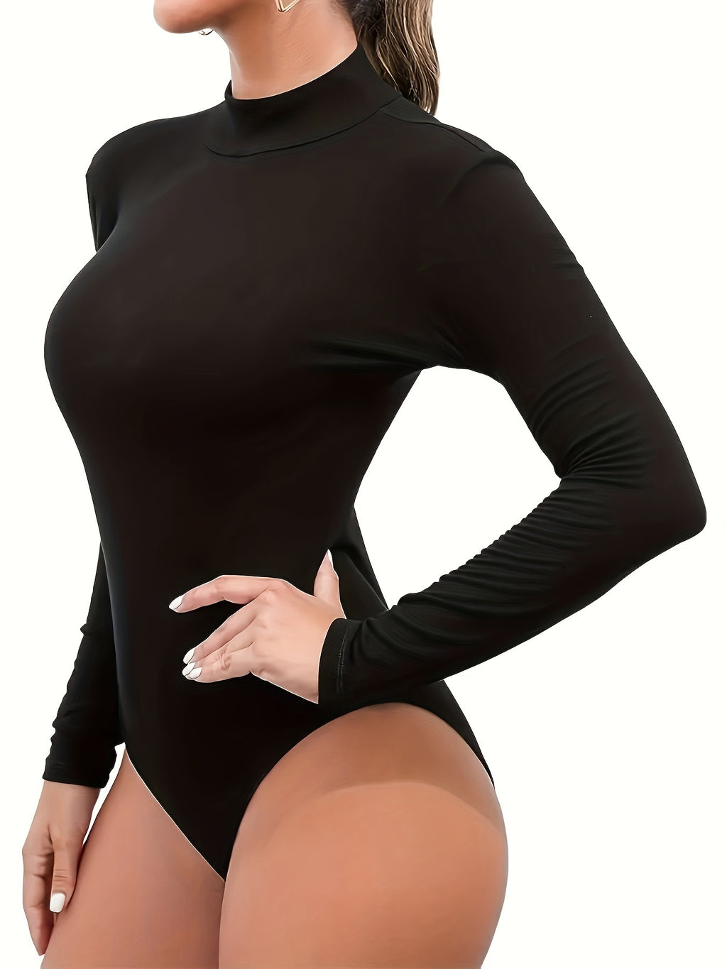 Women's Sexy Semi-Sheer High Neck Long Sleeve Bodysuit - Stretchy Soft Slim Fit Basic Solid Color All-Season Versatile Top for Casual & Formal Wear, Formal Attire, Everyday Style, Feminine Touch, Stretchy Fabric, Delicate Design - Black
