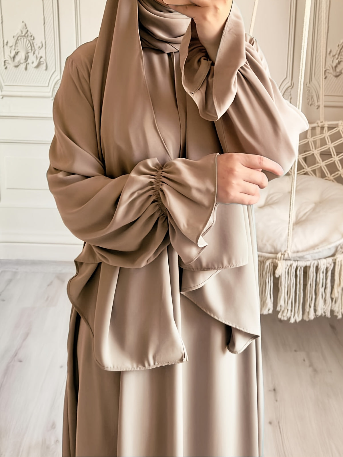 1pc Fashionable, Elegant And Casual One-Piece Solid-Colored Bellows Sleeve Suitable for Daily Wear. Loose And Comfortable Women'S Abaya Robe - Yellowish-brown