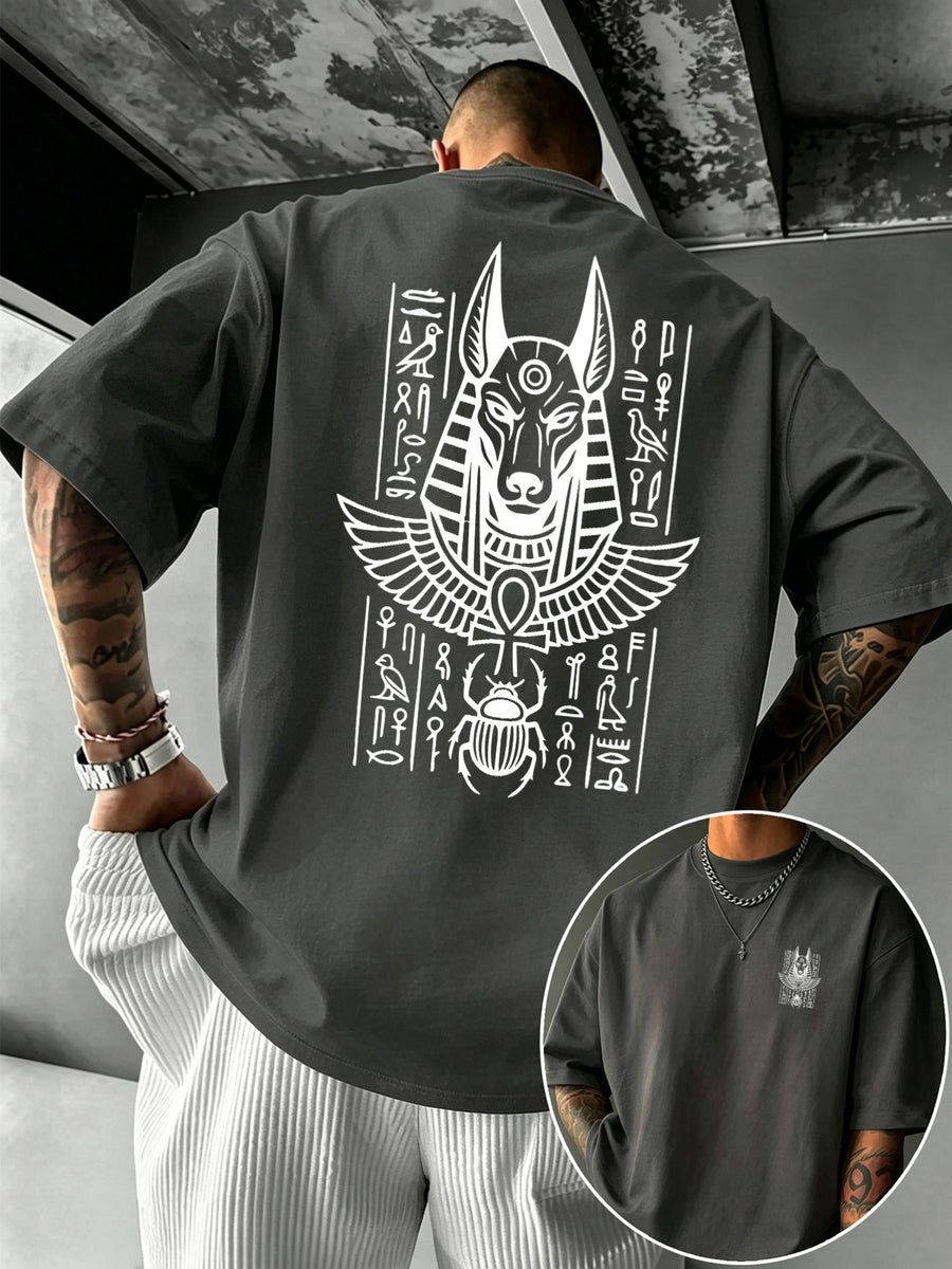 Men's 100% Pure Cotton T-Shirt with Anubis Scarab Egyptian Element Print, Casual, Comfortable, and Breathable for All Seasons - Dark Gray