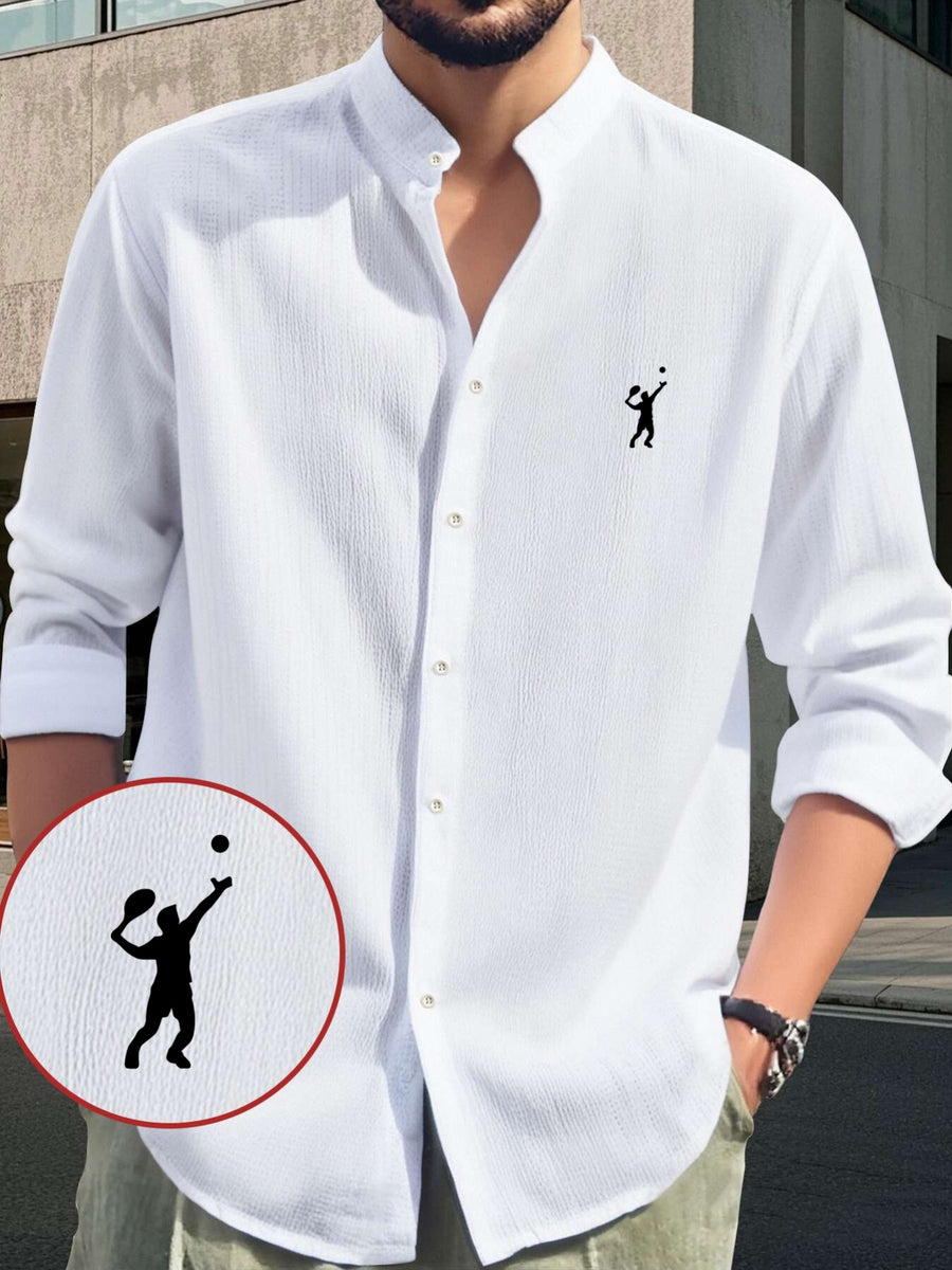 Men's Fashion Comfortable Lightweight Long Sleeve Shirt - Hawaiian Beach, Vacation, Party Wear, Breathable Stand Collar Button-Up Top, Versatile for Daily Wear, Events, and Outings, Tennis Print Pattern, Suitable for Various Occasions Casual Shirt - White