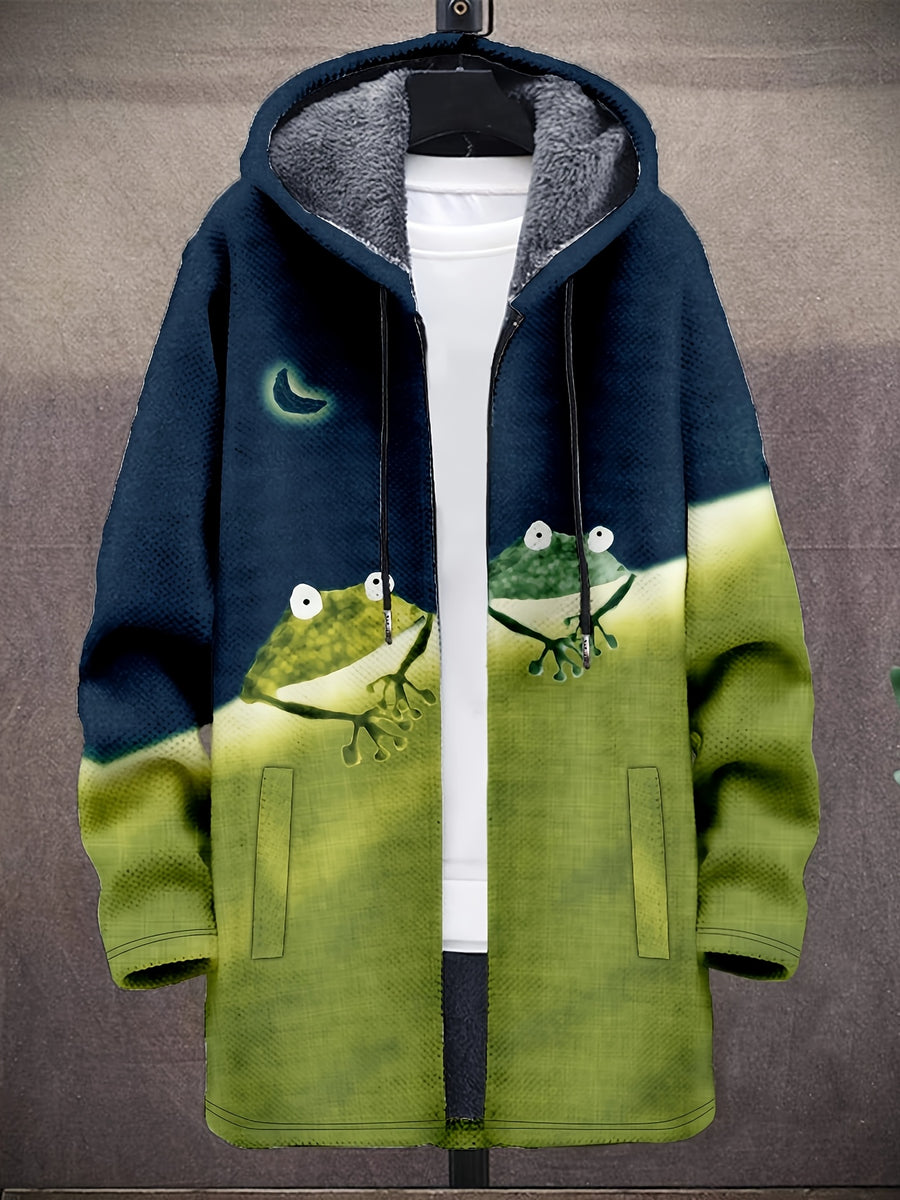 Vintage Japanese Art Wave Pattern Printed Fashion Men's Plush Thick Long-Sleeved Cardigan Coat Winter Warm Zipper Hooded Coat - Olive